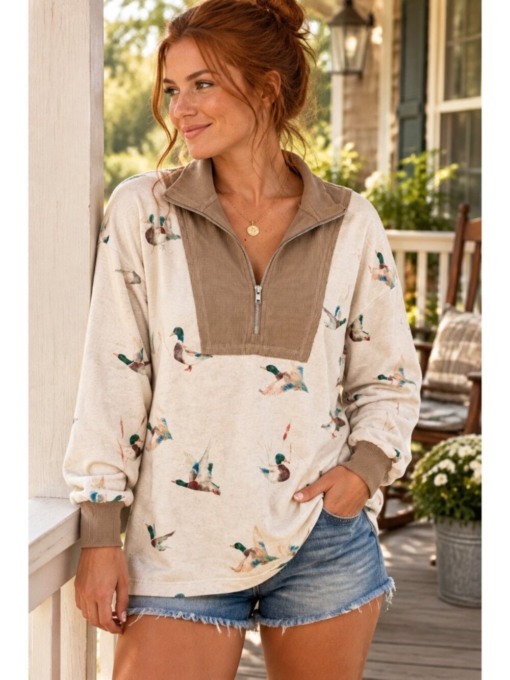 Mallard Duck Quarter-Zip Southern Oversized Sweatshirt Collared Country Western